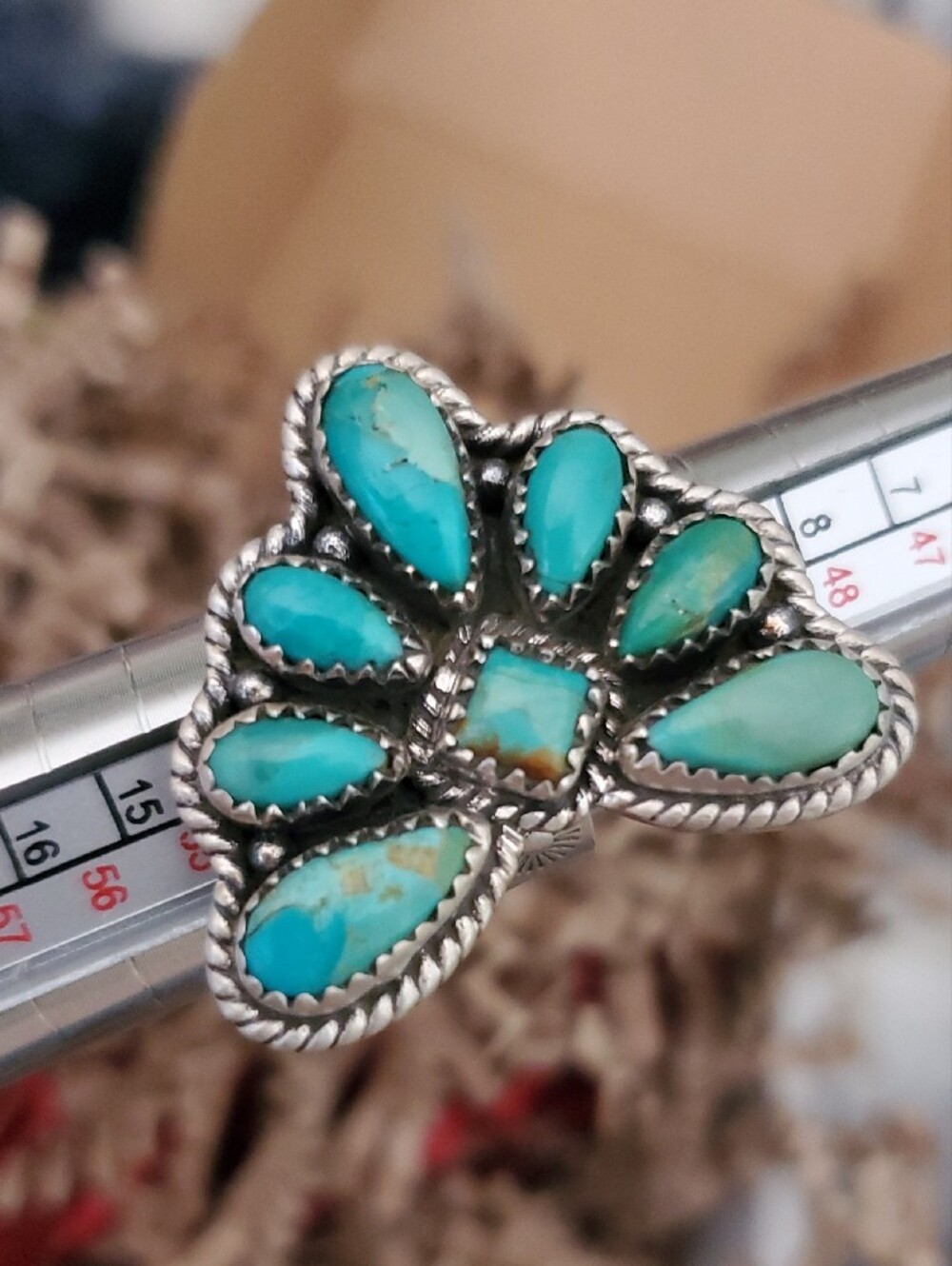 925 Sterling Silver Kingman Turquoise Cluster Adjustable Ring - Blue-Green